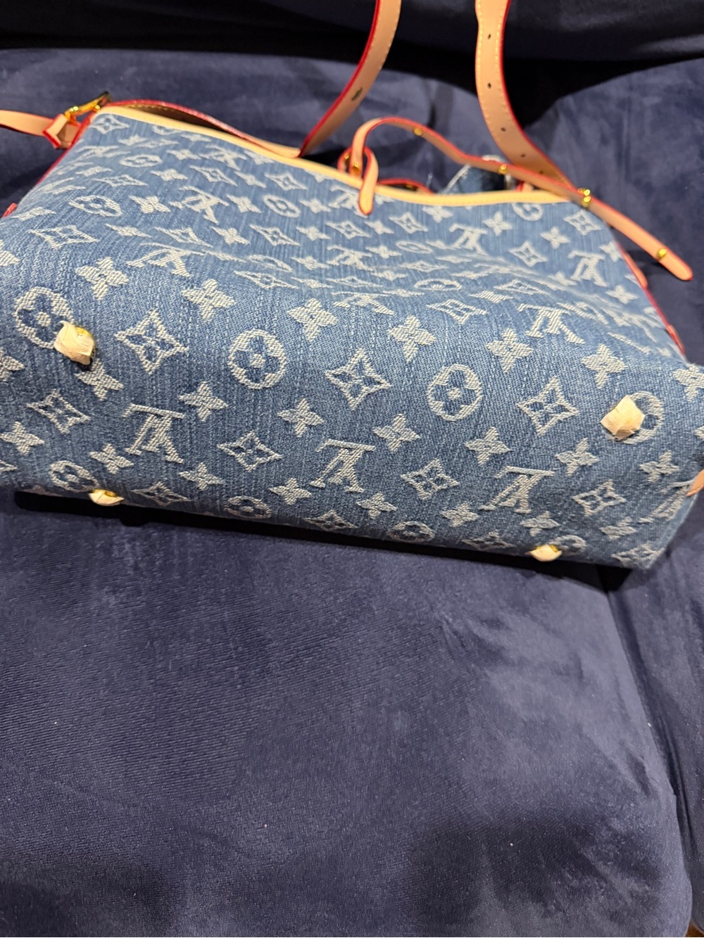 Blue Monogram Denim Shoulder Bag with Beige Trim - Picture 7 of 7